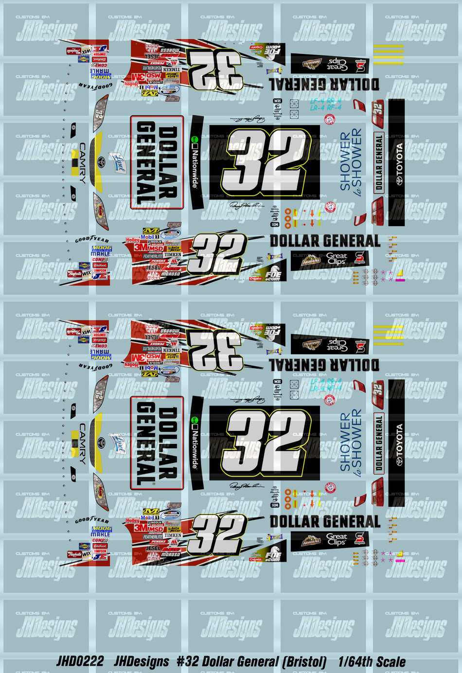 JH Designs Denny Hamlin 2008 NWS #32 Dollar General - Lysol (Bristol Race) 1:64 Racecar Decal Set