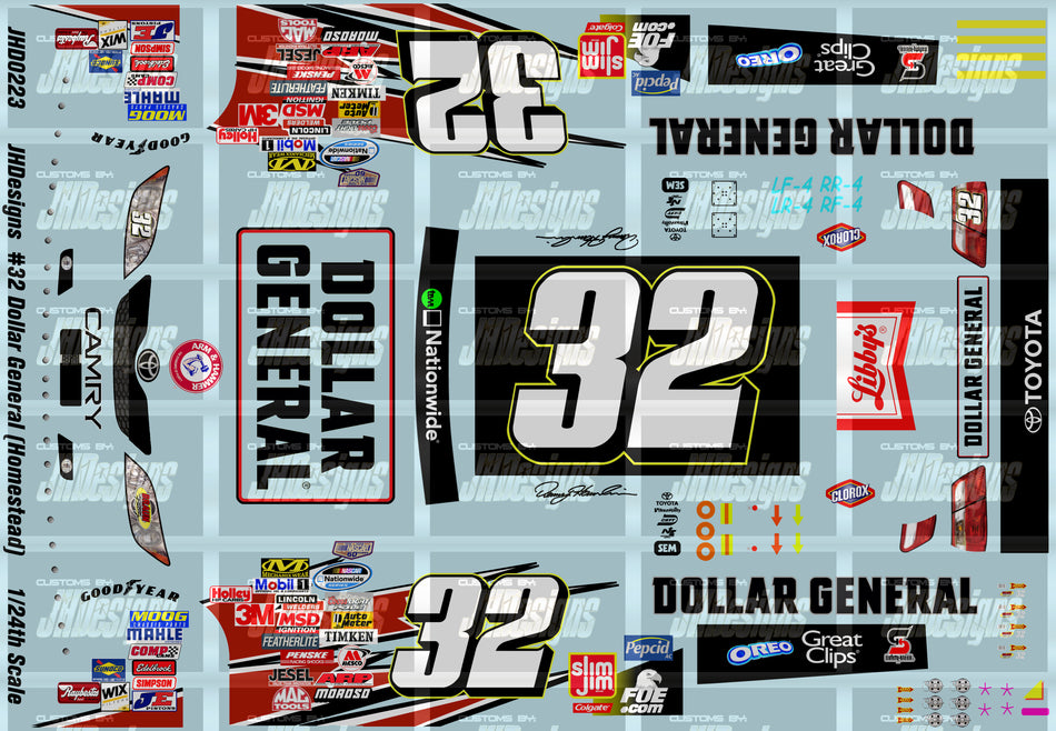 JH Designs Denny Hamlin 2008 NWS #32 Dollar General - Arm &amp; Hammer (Homestead Race) 1:24 Racecar Decal Set