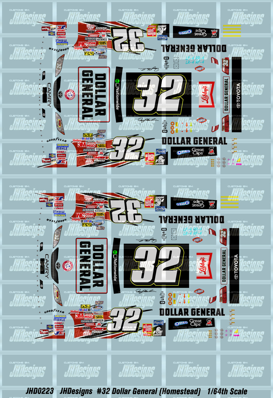 JH Designs Denny Hamlin 2008 NWS #32 Dollar General - Arm &amp; Hammer (Homestead Race) 1:64 Racecar Decal Set