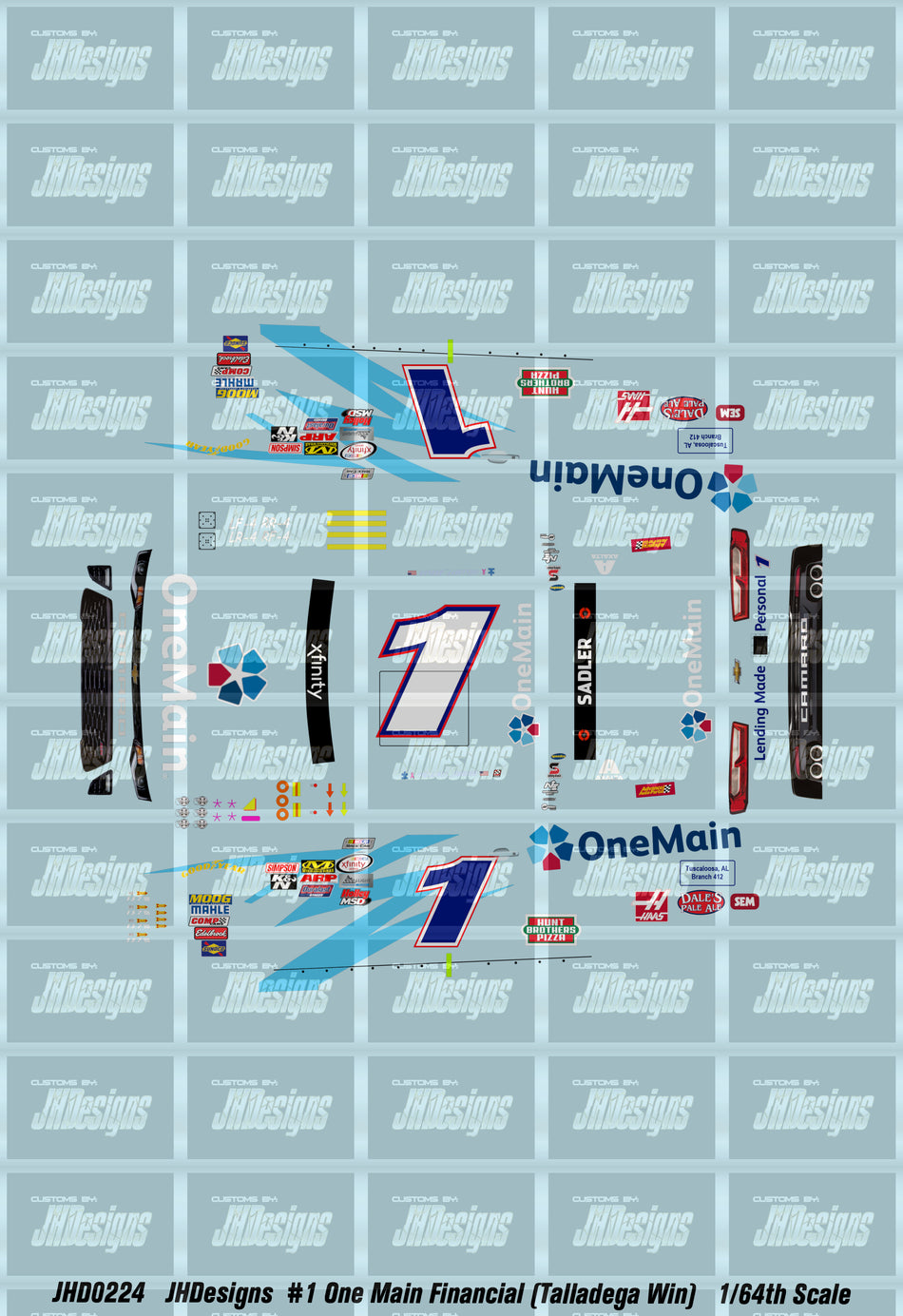 JH Designs Elliott Sadler 2016 NWS #1 One Main Financial (Talladega Race WIn) 1:64 Racecar Decal Set