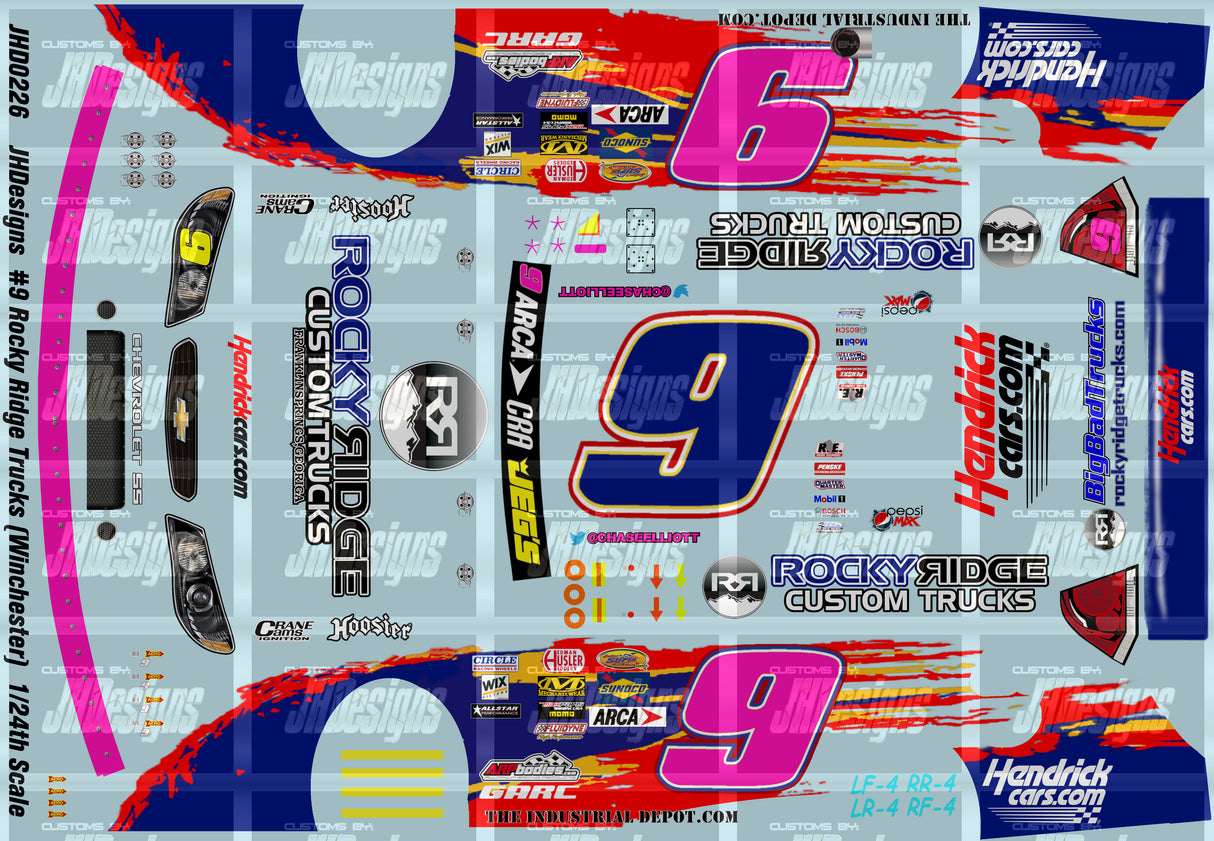 JH Designs Chase Elliott 2013 LMS #9 Rocky Ridge Custom Trucks (Pink) (Winchester Race) 1:24 Racecar Decal Set