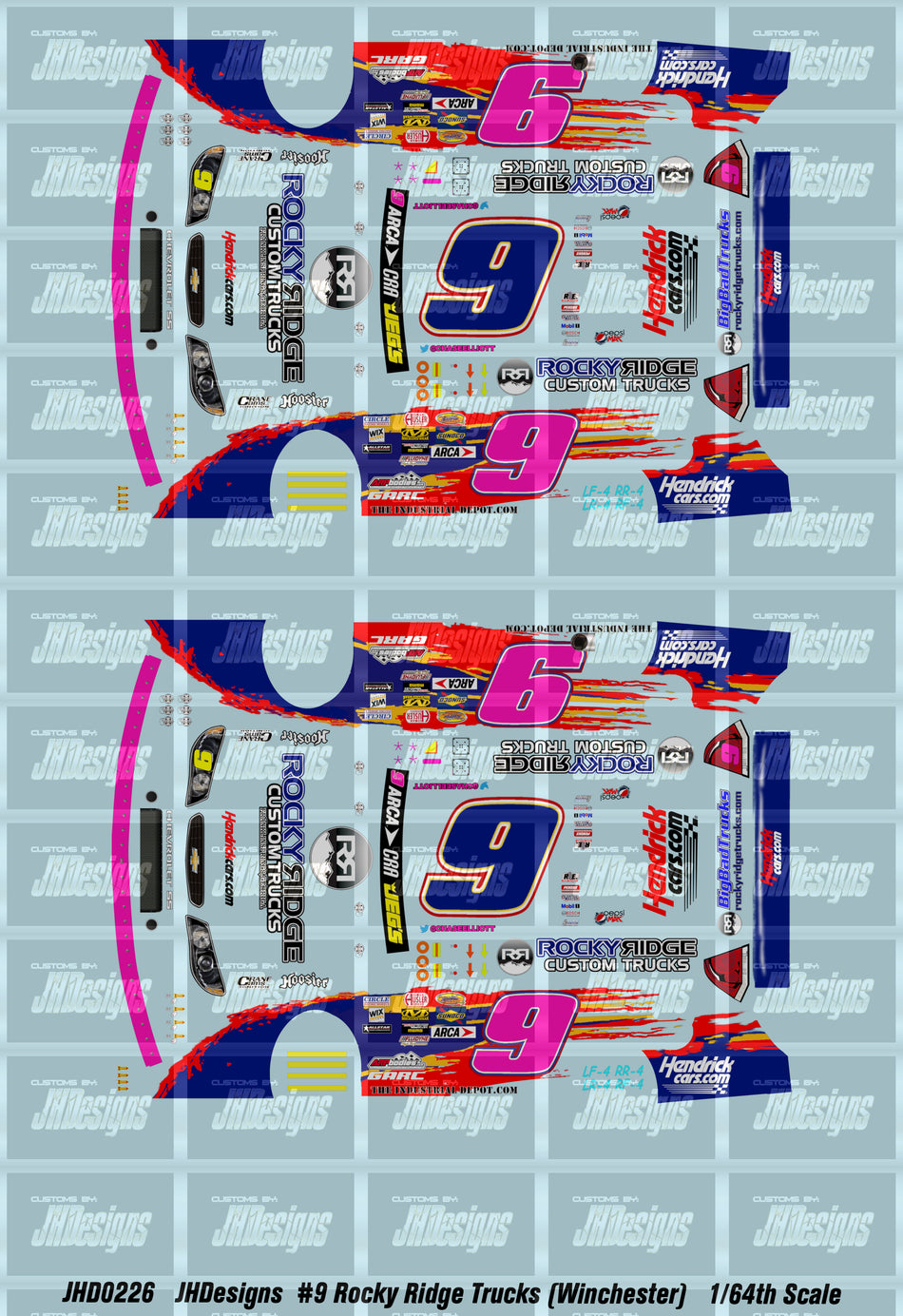 JH Designs Chase Elliott 2013 LMS #9 Rocky Ridge Custom Trucks (Pink) (Winchester Race) 1:64 Racecar Decal Set