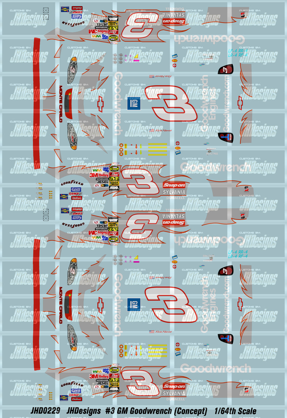 JH Designs Kevin Harvick 2004 CUP #3 GM Goodwrench (Bring Back the 3 Concept) 1:64 Racecar Decal Set