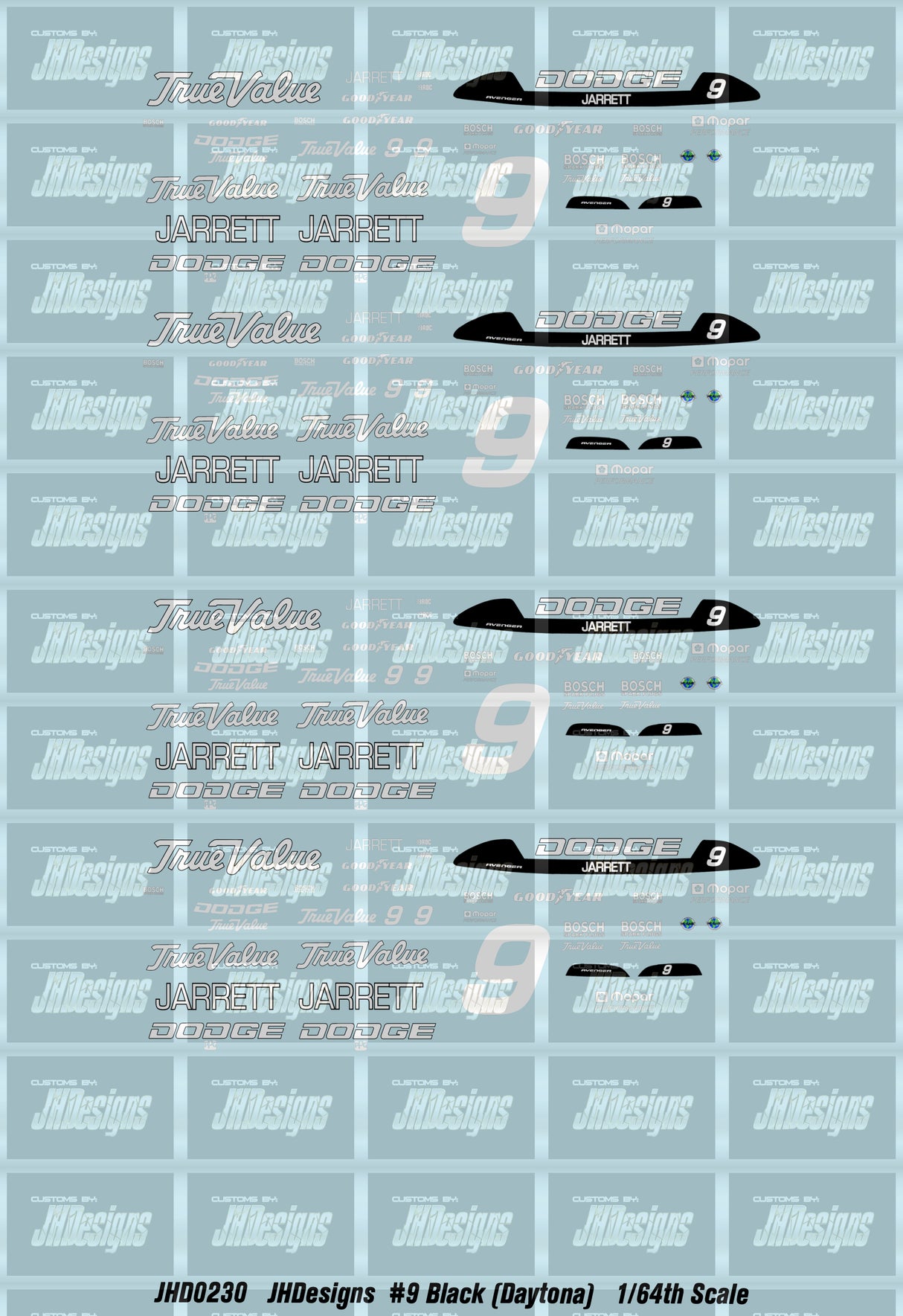 JH Designs Dale Jarrett 1994 IROC #9 Black (Daytona Race) 1:64 Racecar Decal Set