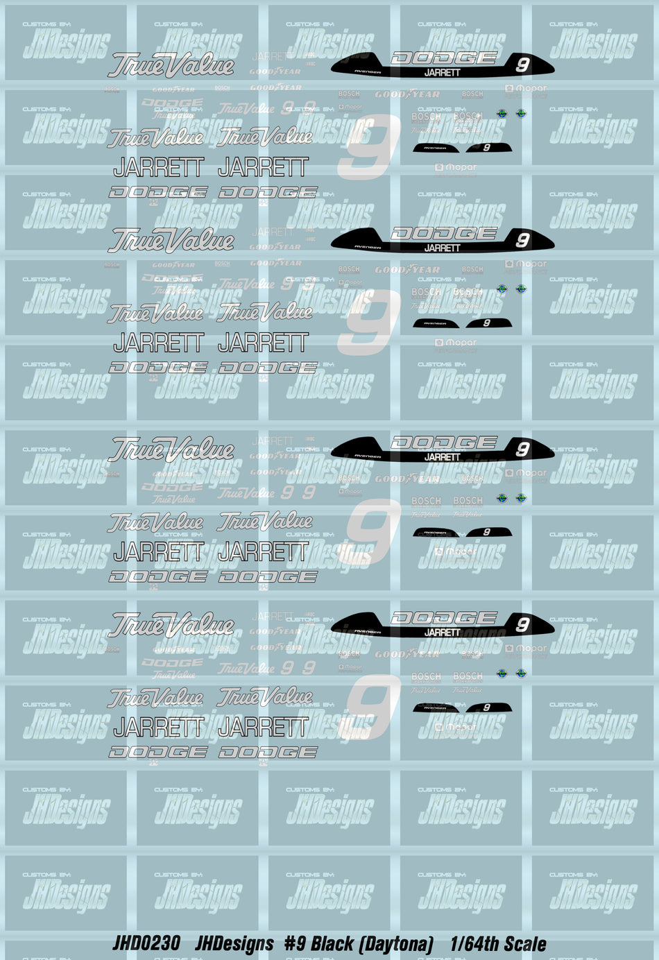 JH Designs Dale Jarrett 1994 IROC #9 Black (Daytona Race) 1:64 Racecar Decal Set