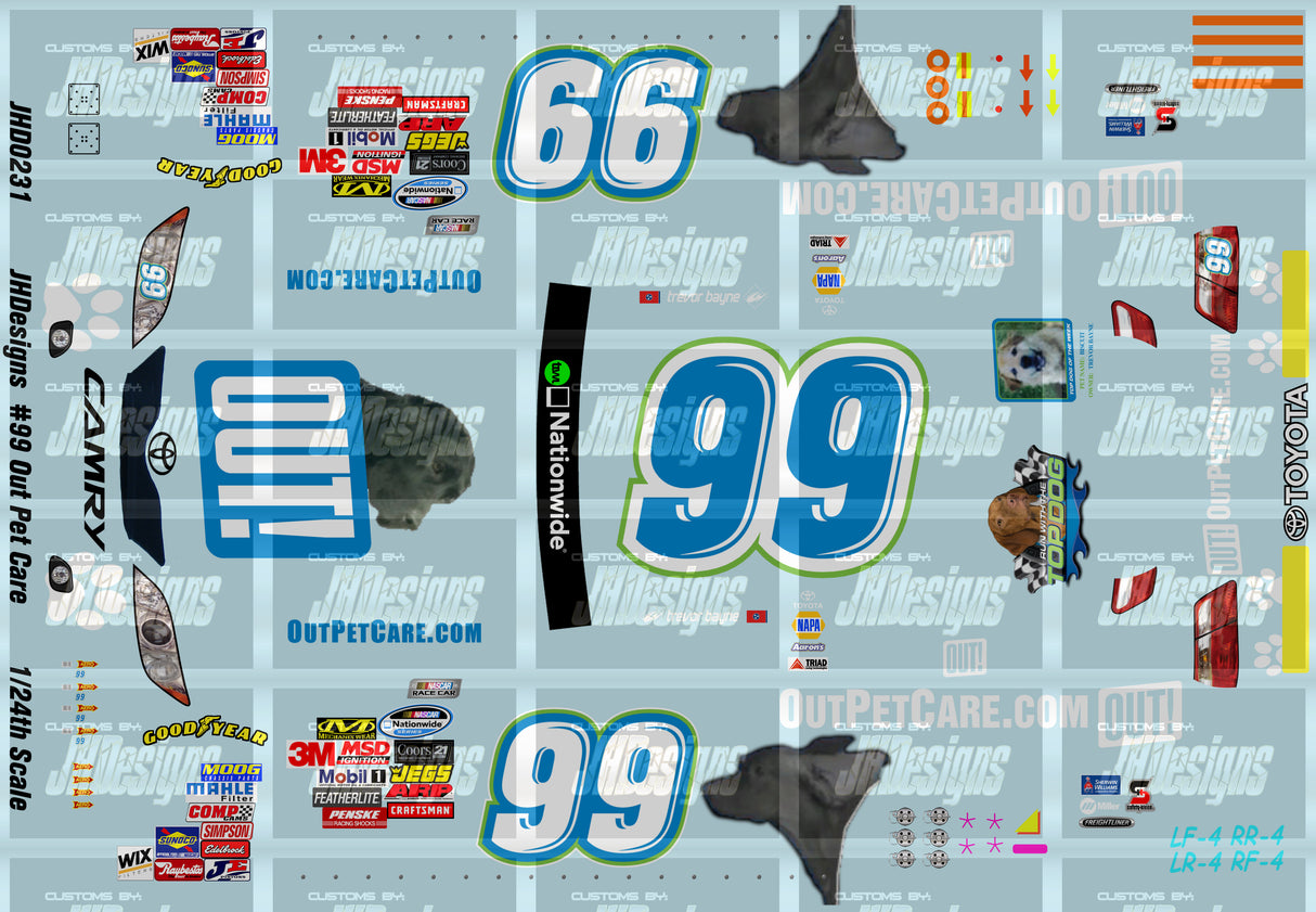 JH Designs Trevor Bayne 2010 NWS #99 Out Pet Care (Montreal Race) 1:24 Racecar Decal Set