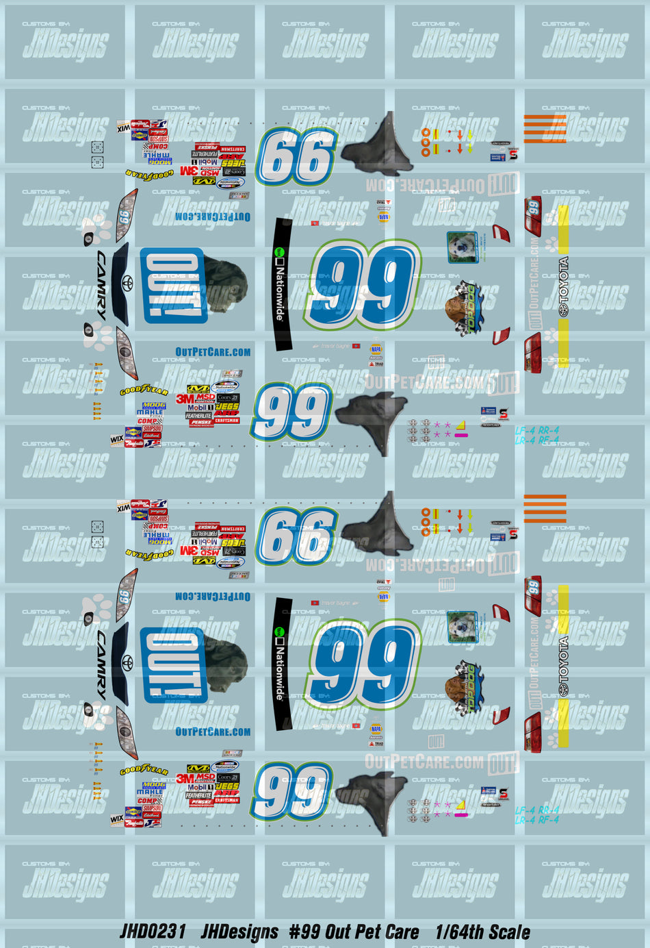 JH Designs Trevor Bayne 2010 NWS #99 Out Pet Care (Montreal Race) 1:64 Racecar Decal Set