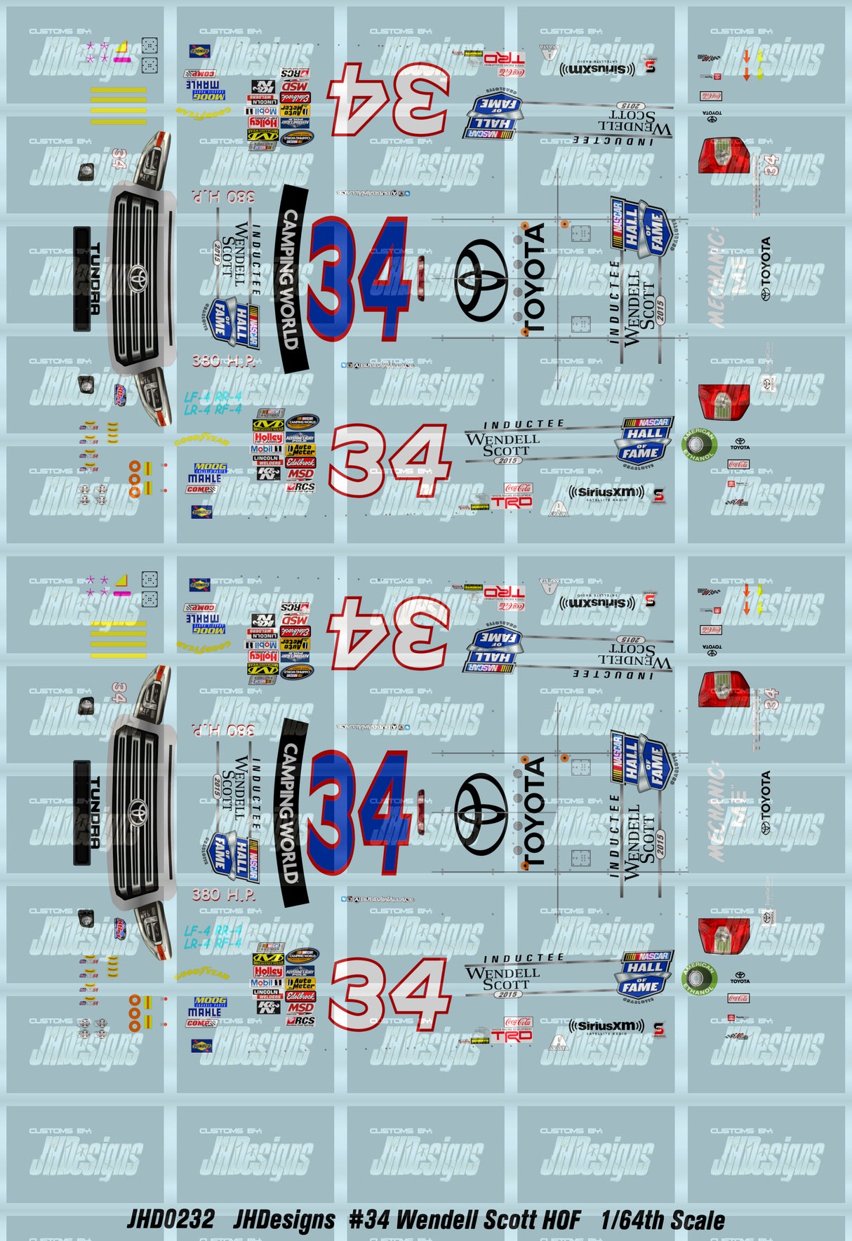 JH Designs Bubba Wallace 2014 CWTS #34 Wendell Scott Hall of Fame (Martinsville Race) 1:64 Racecar Decal Set