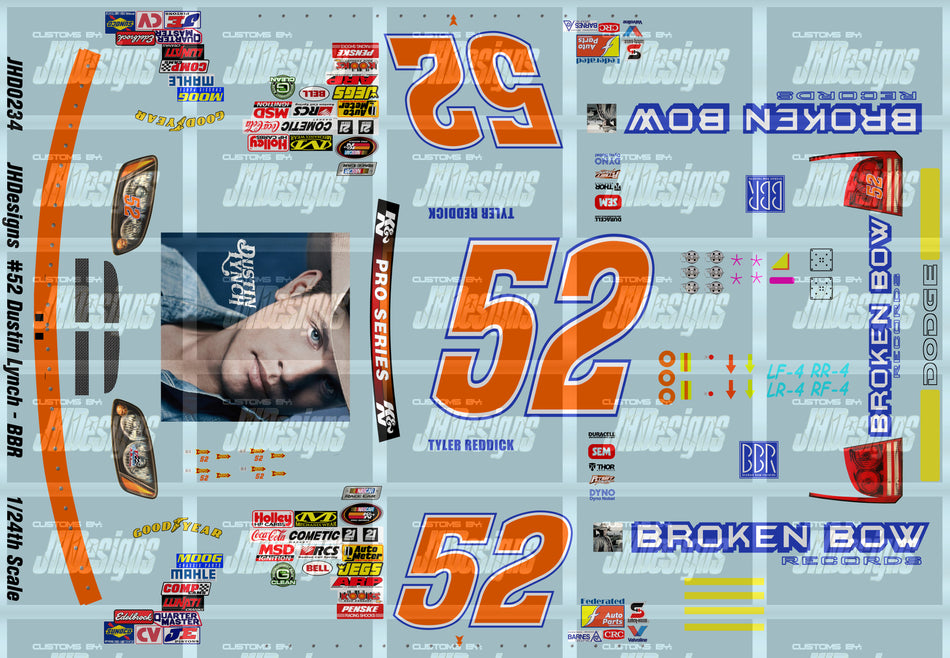 JH Designs Tyler Reddick 2012 KNP #52 Dustin Lynch - Broken Bow Records (Rockingham Race) 1:24 Racecar Decal Set