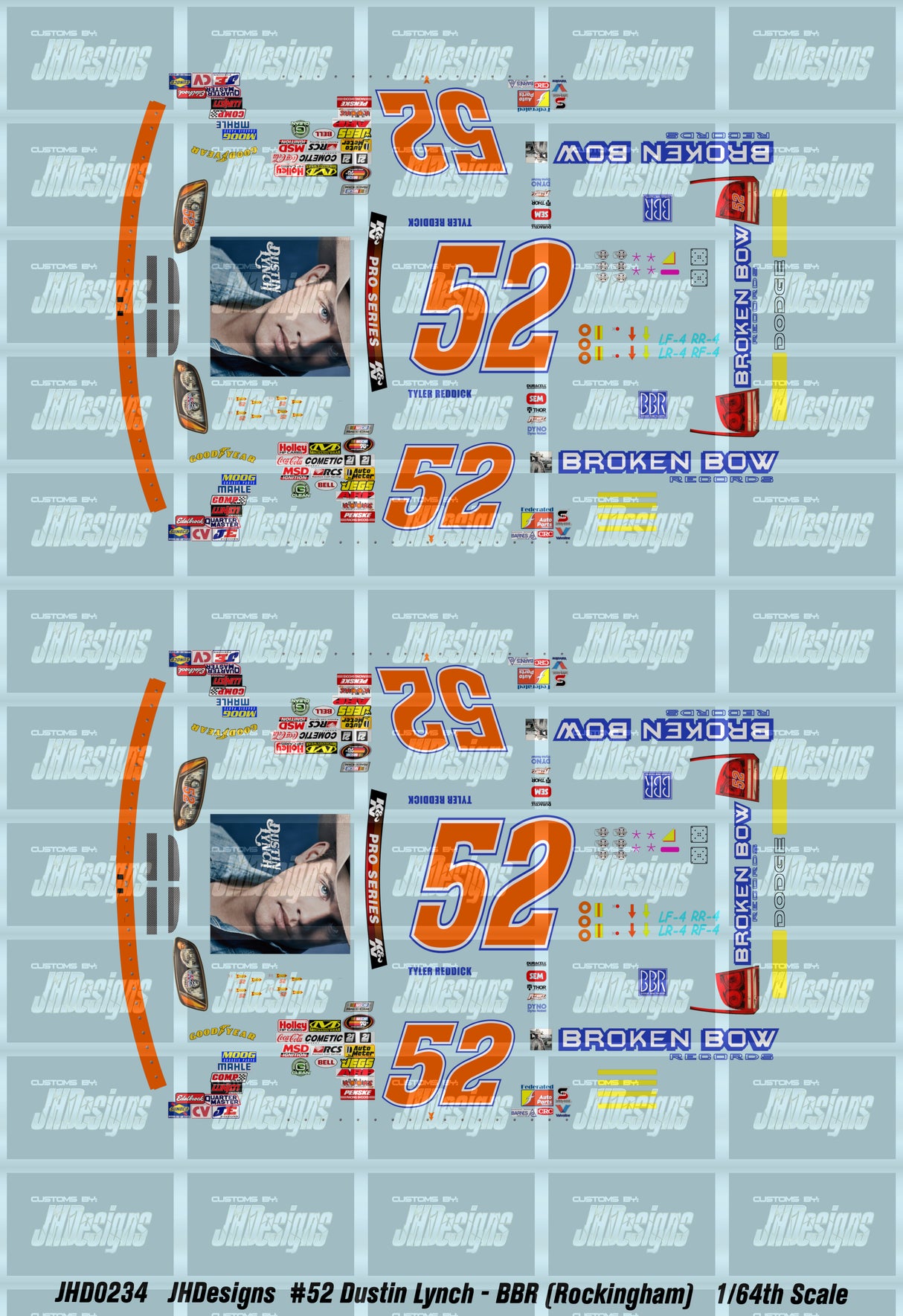 JH Designs Tyler Reddick 2012 KNP #52 Dustin Lynch - Broken Bow Records (Rockingham Race) 1:64 Racecar Decal Set