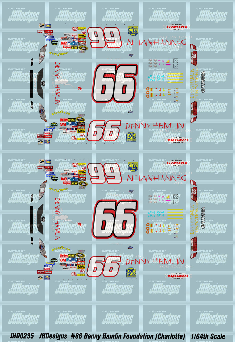 JH Designs Dave Blaney 2009 CUP #66 The Denny Hamlin Foundation (Charlotte Race) 1:64 Racecar Decal Set