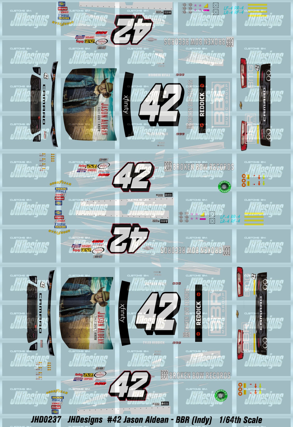 JH Designs Tyler Reddick 2017 NXS #42 Jason Aldean - They Don't Know (Indy Race) 1:64 Racecar Decal Set