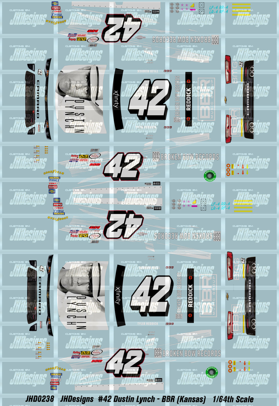 JH Designs Tyler Reddick 2017 NXS #42 Dustin Lynch - Broken Bow Records (Kansas Race) 1:64 Racecar Decal Set