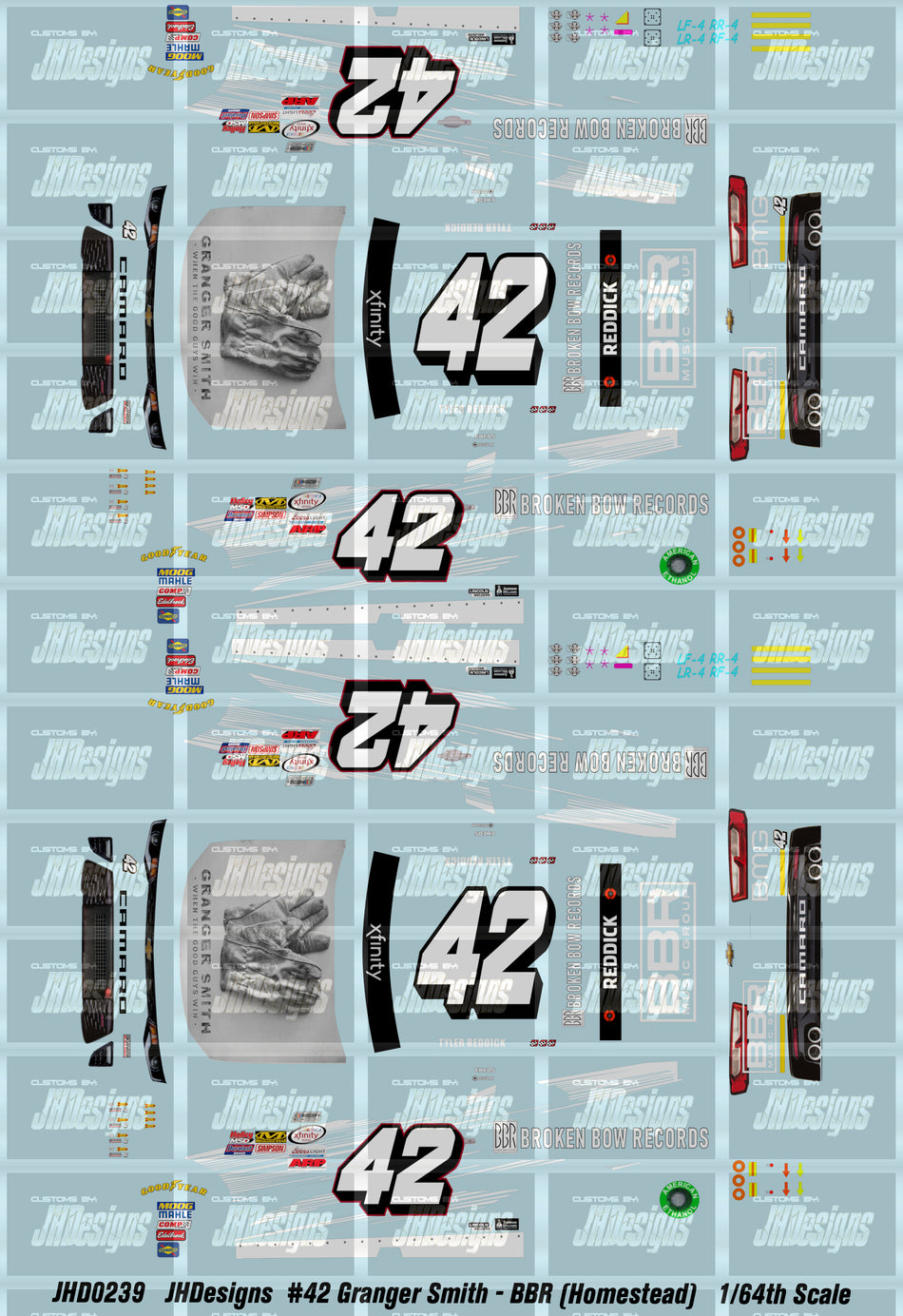 JH Designs Tyler Reddick 2017 NXS #42 Granger Smith - Broken Bow Records (Homestead Race) 1:64 Racecar Decal Set