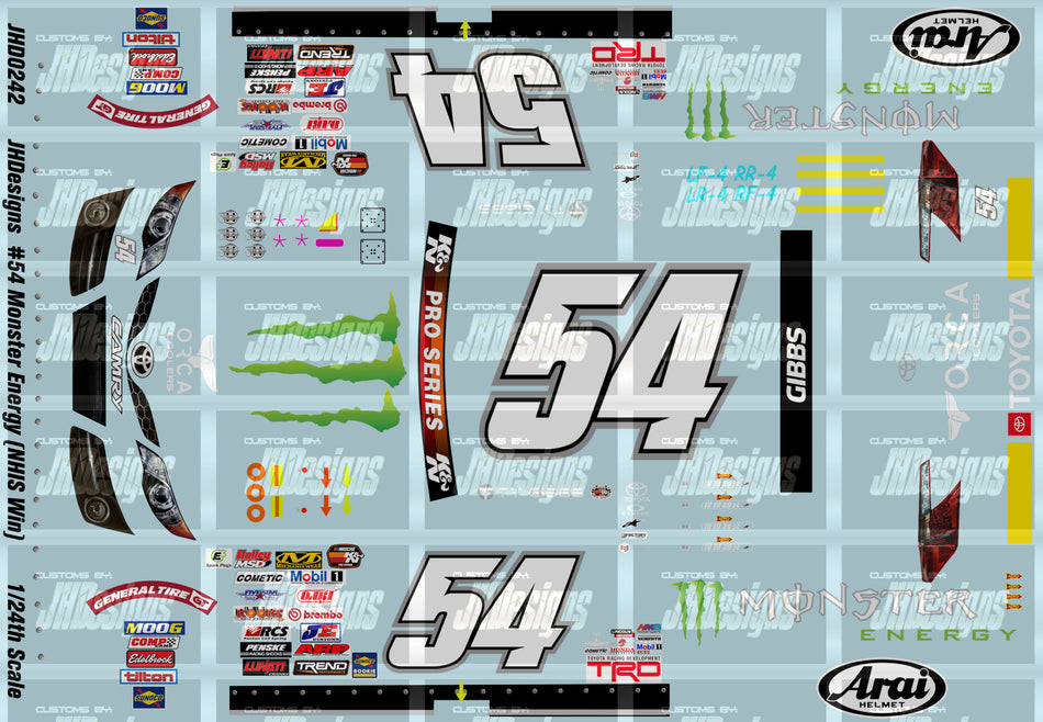 JH Designs Ty Gibbs 2019 KNP #54 Monster Energy (New Hampshire Race Win) 1:24 Racecar Decal Set
