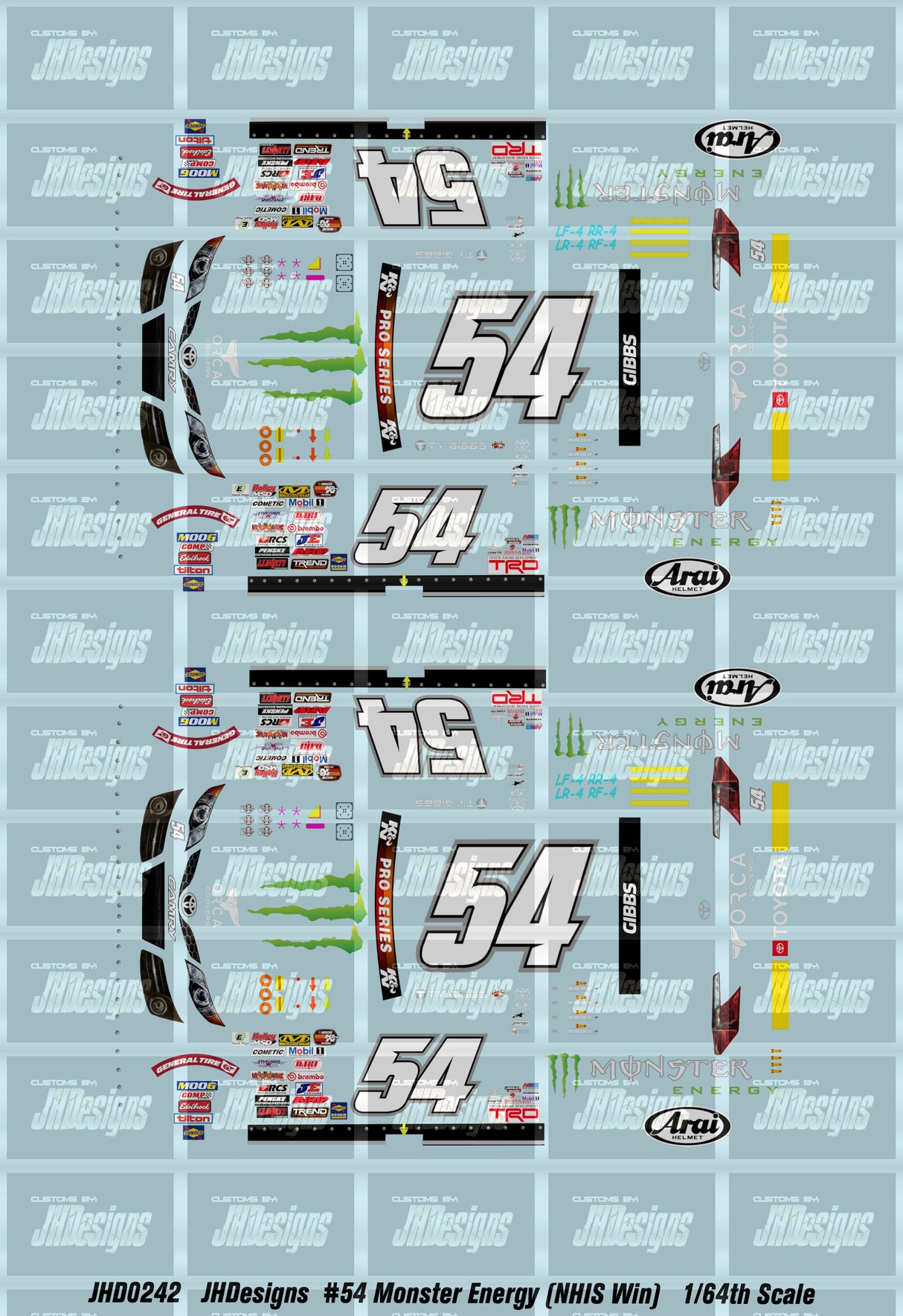 JH Designs Ty Gibbs 2019 KNP #54 Monster Energy (New Hampshire Race Win) 1:64 Racecar Decal Set