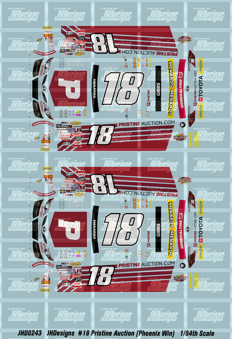 JH Designs Ty Gibbs 2021 ARCA #18 Pristine Auction (Phoenix Race Win) 1:64 Racecar Decal Set