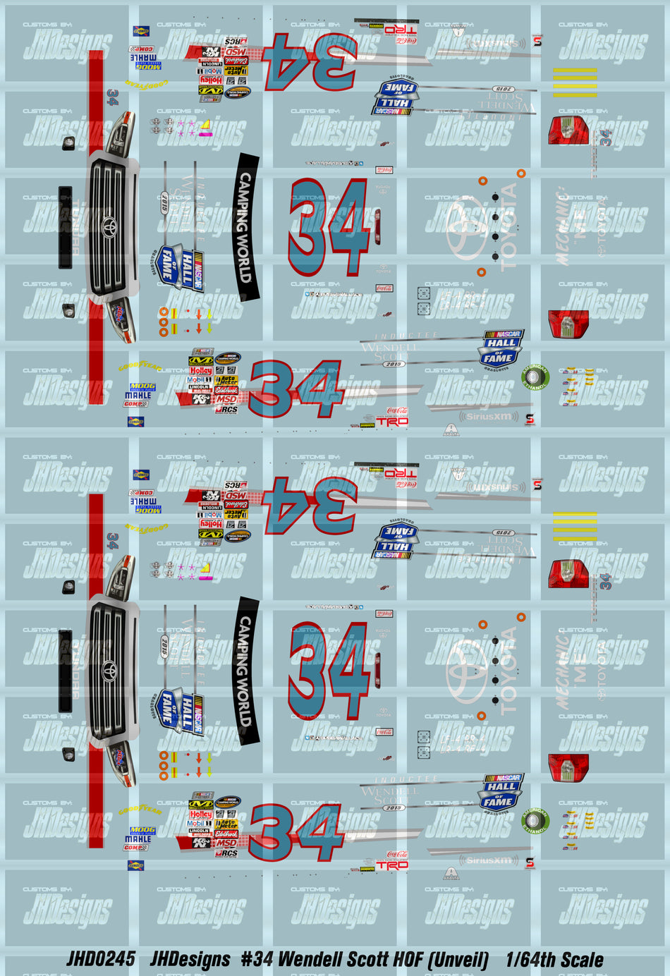 JH Designs Bubba Wallace 2014 CWTS #34 Wendell Scott Hall of Fame (Unveil) 1:64 Racecar Decal Set