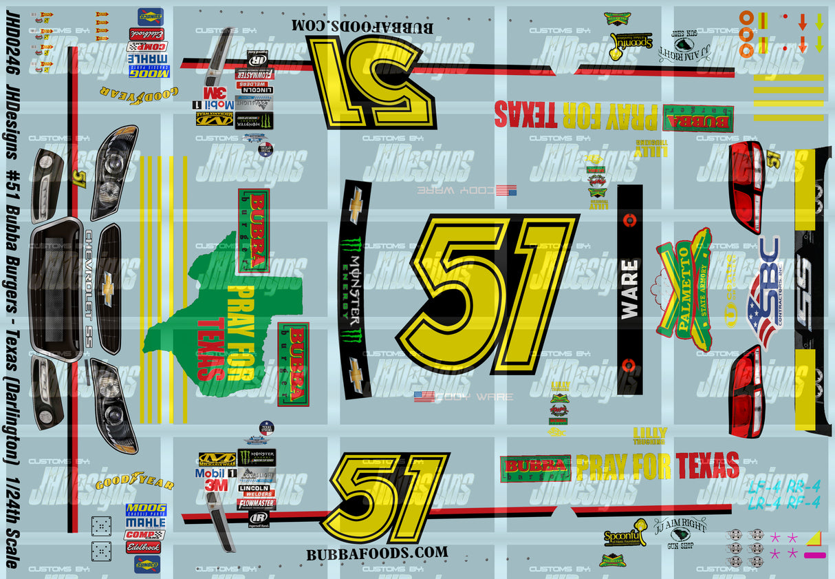 JH Designs Cody Ware 2017 CUP #51 Bubba Burger - Pray for Texas (Darlingotn Race) 1:24 Racecar Decal Set