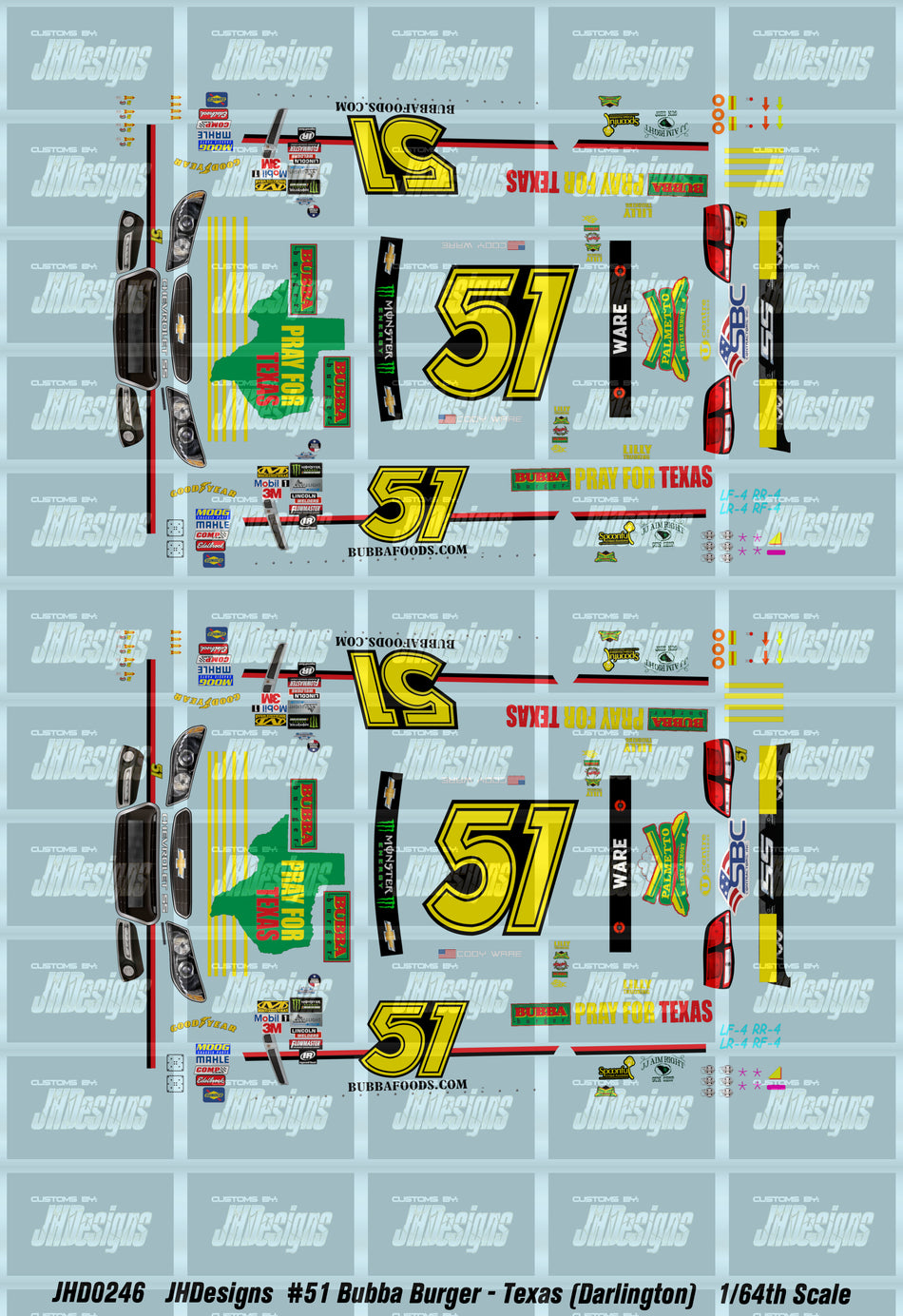 JH Designs Cody Ware 2017 CUP #51 Bubba Burger - Pray for Texas (Darlingotn Race) 1:64 Racecar Decal Set