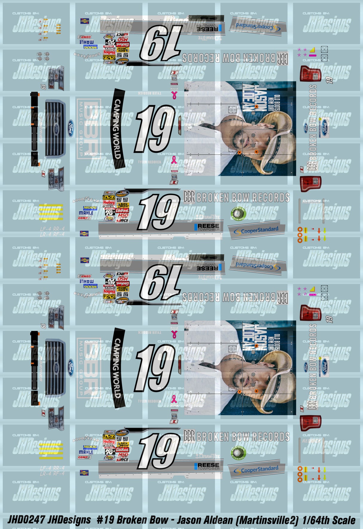 JH Designs Tyler Reddick 2014 CWTS #19 Broken Bow - Jason Aldean (Martinsville2) 1:64 Racecar Decal Set