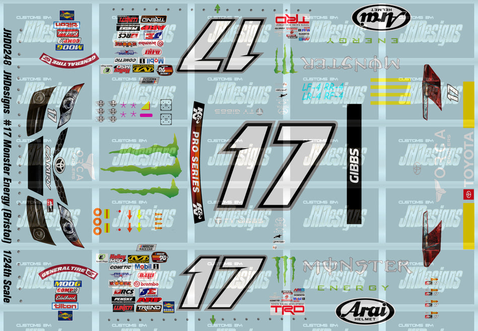 JH Designs Ty Gibbs 2019 KNP #17 Monster Energy (Brisol Race) 1:24 Racecar Decal Set