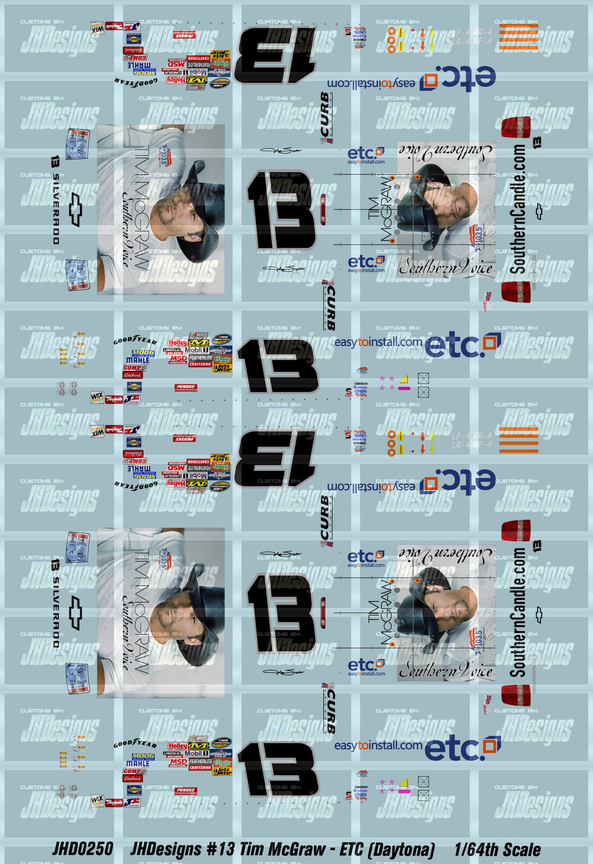 JH Designs Johnny Sauter 2010 CWTS #13 Tim McGraw - ETC (Daytona Race) 1:64 Racecar Decal Set