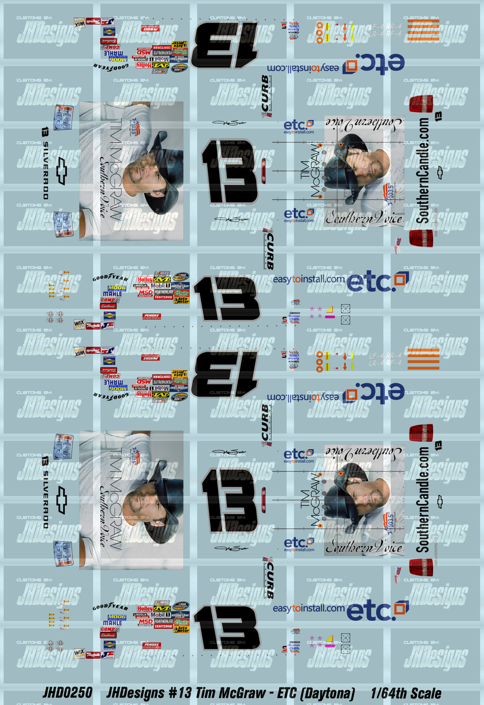 JH Designs Johnny Sauter 2010 CWTS #13 Tim McGraw - ETC (Daytona Race) 1:64 Racecar Decal Set