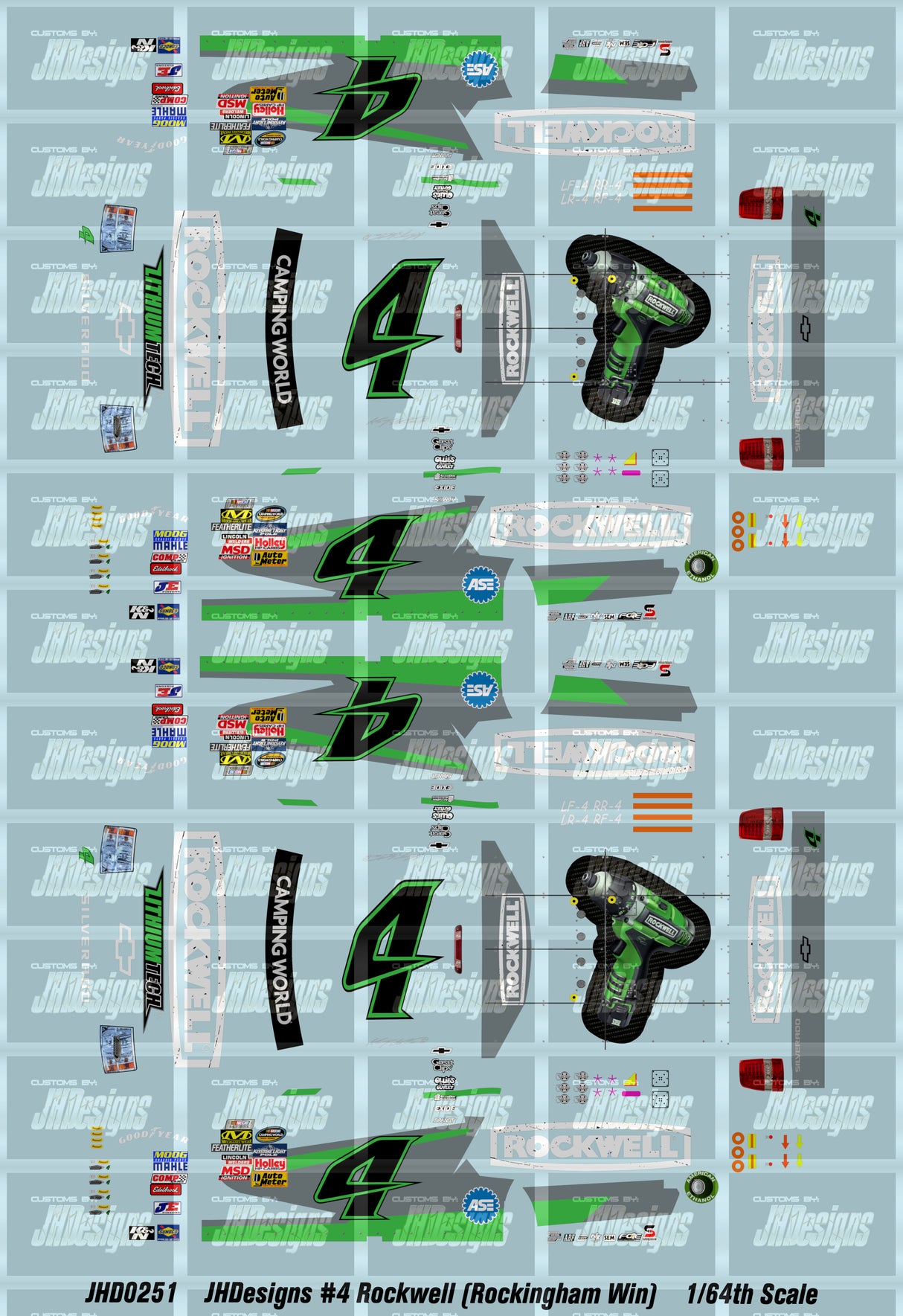 JH Designs Kasey Kahne 2012 CWTS #4 Rockwell Lithium Tech (Racokingham Race Win) 1:64 Racecar Decal Set