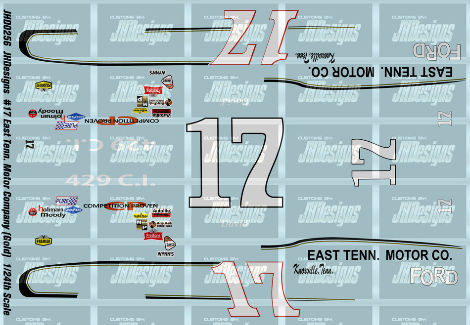 JH Designs David Pearson 1968 CUP #17 East Tenn Motor Company (Gold Version) 1:24 Racecar Decal Set