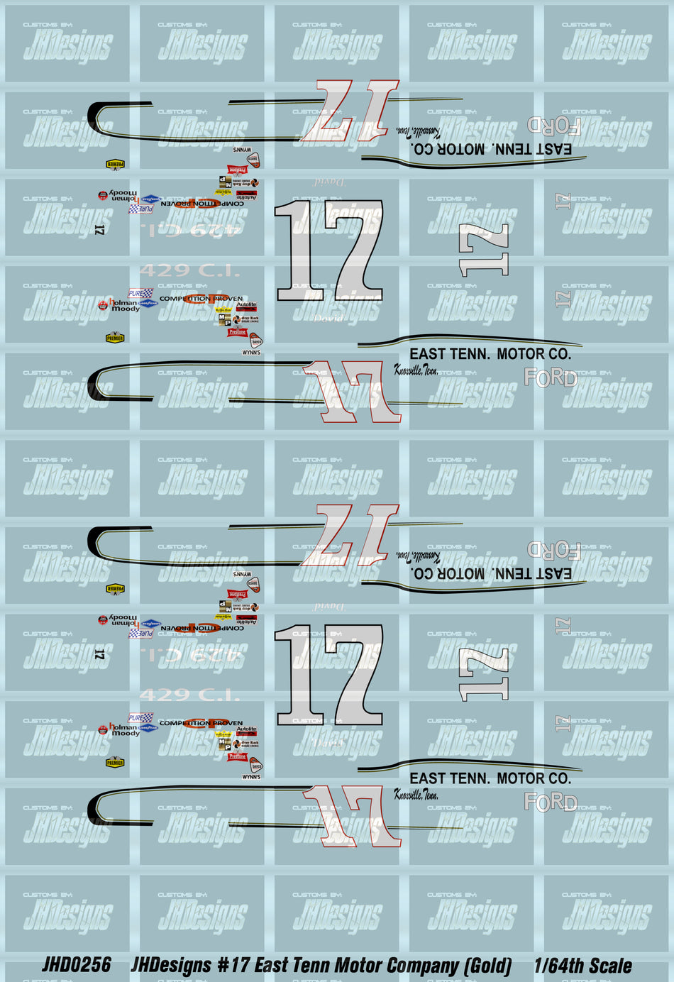 JH Designs David Pearson 1968 CUP #17 East Tenn Motor Company (Gold Version) 1:64 Racecar Decal Set