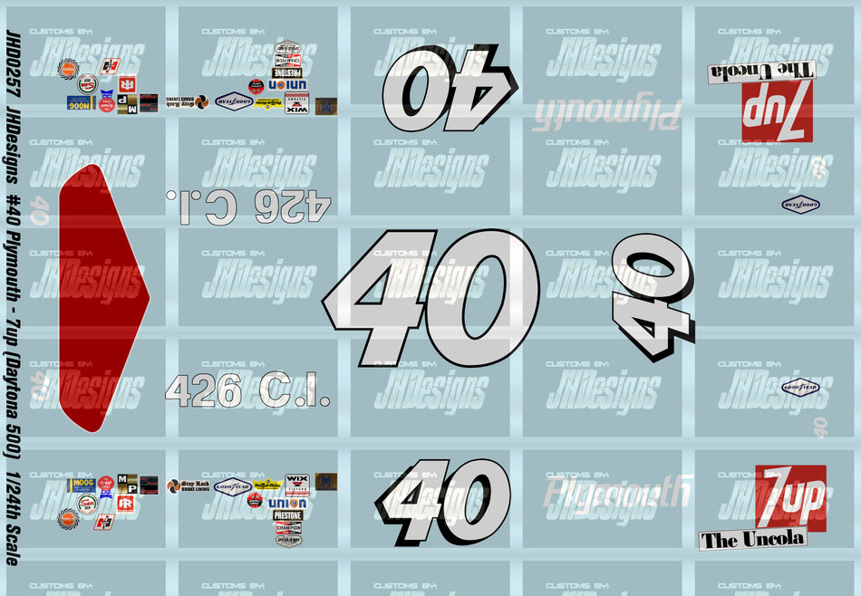 JH Designs Pete Hamilton 1970 CUP #40 Plymouth - 7UP (Daytona 500) 1:24 Racecar Decal Set