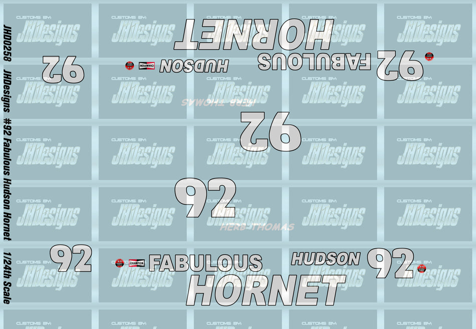 JH Designs Herb Thomas 1951 CUP #92 Fabulous Hudson Hornet (Darlington Race) 1:24 Racecar Decal Set