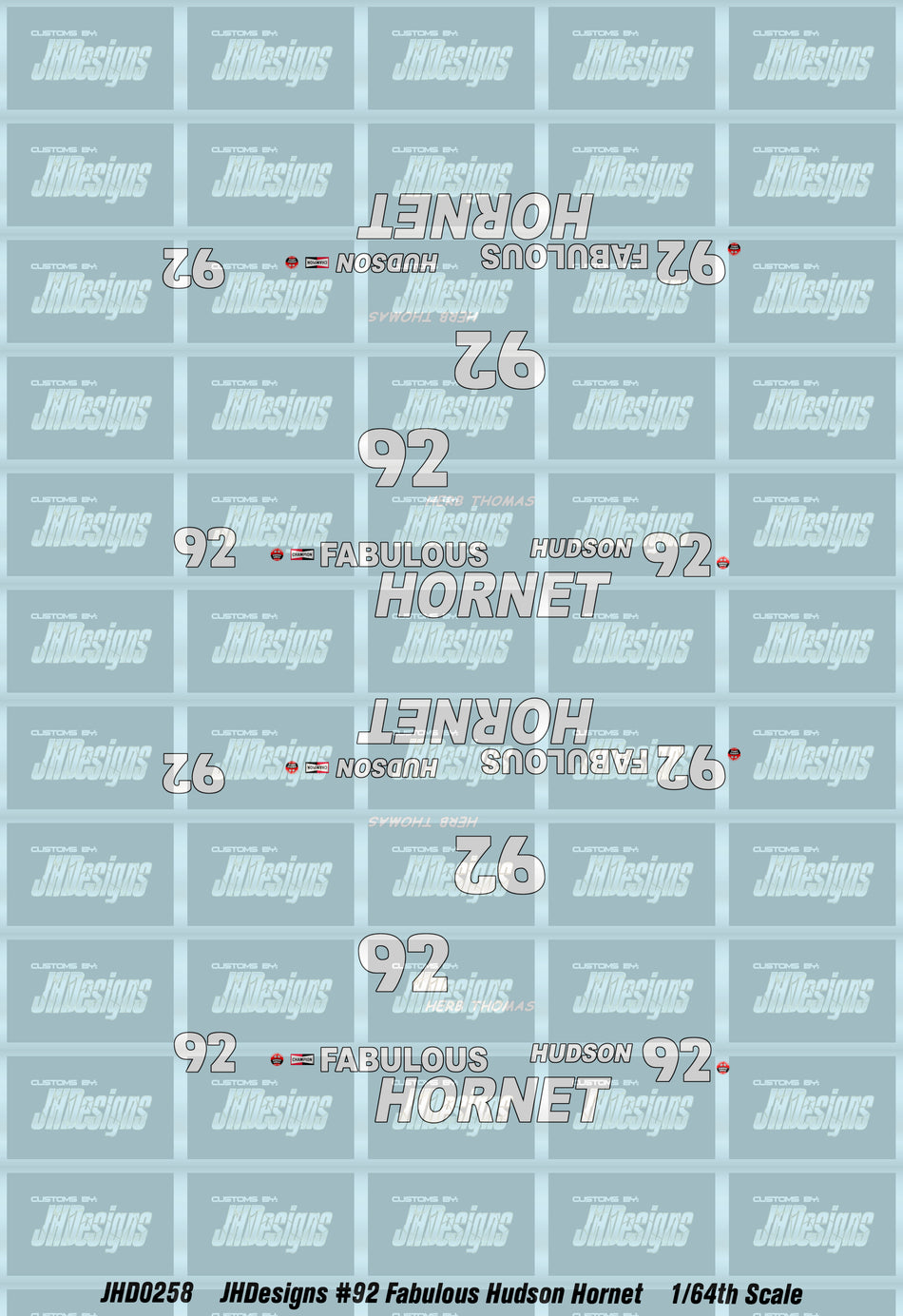 JH Designs Herb Thomas 1951 CUP #92 Fabulous Hudson Hornet (Darlington Race) 1:64 Racecar Decal Set