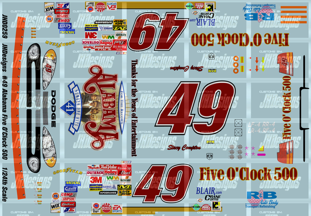 JH Designs Stacy Compton 2002 CUP #49 Alabama Five O'Clock 500 (Talladega Race) 1:24 Racecar Decal Set