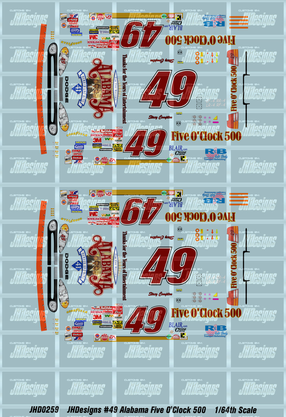 JH Designs Stacy Compton 2002 CUP #49 Alabama Five O'Clock 500 (Talladega Race) 1:64 Racecar Decal Set