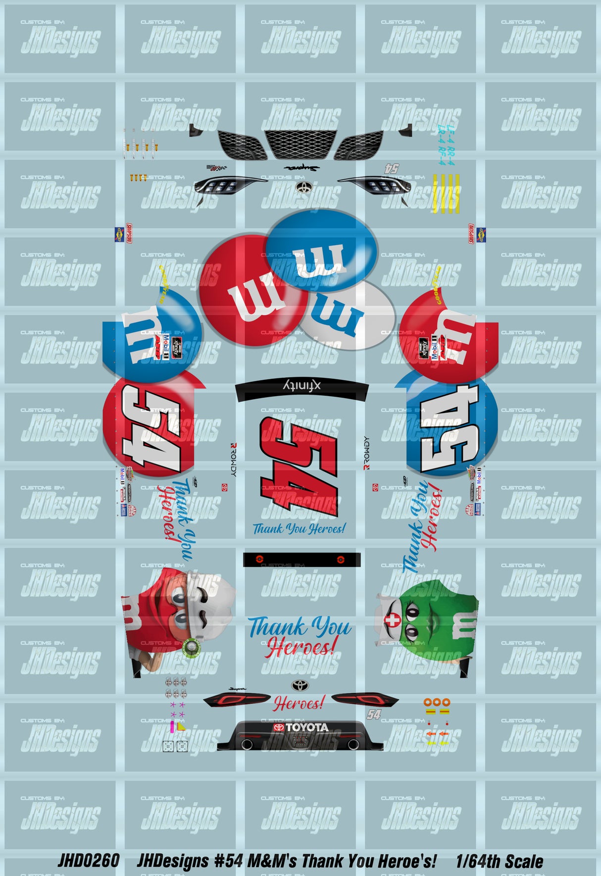 JH Designs Kyle Busch 2020 NXS #54 M&amp;M's Thank You Heroes (Darlington Race) 1:64 Racecar Decal Set
