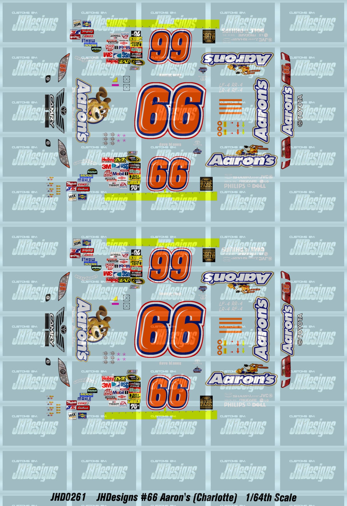 JH Designs Dave Blaney 2009 CUP #66 Aaron's Rental Center (Charlotte Race) 1:64 Racecar Decal Set