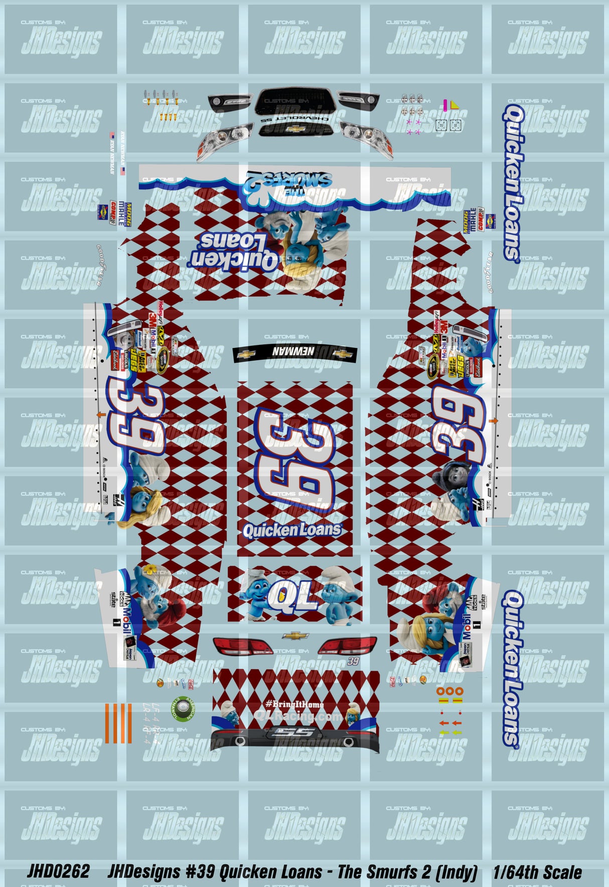 JH Designs Ryan Newman 2013 CUP #39 Quicken Loans - The Smurfs 2 (Indy Race Win) 1:64 Racecar Decal Set