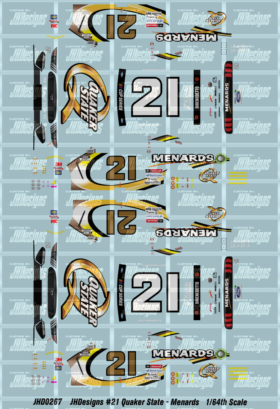 JH Designs Matt DiBenedetto 2020 CUP #21 Quaker State - Menards (California Race) 1:64 Racecar Decal Set