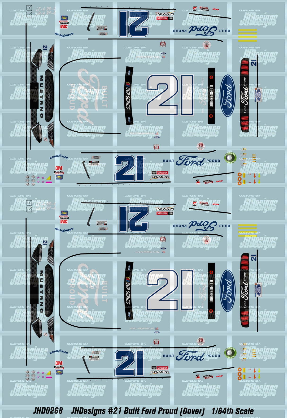 JH Designs Matt DiBenedetto 2020 iRACING #21 Built Ford Tough (Dover Race) 1:64 Racecar Decal Set