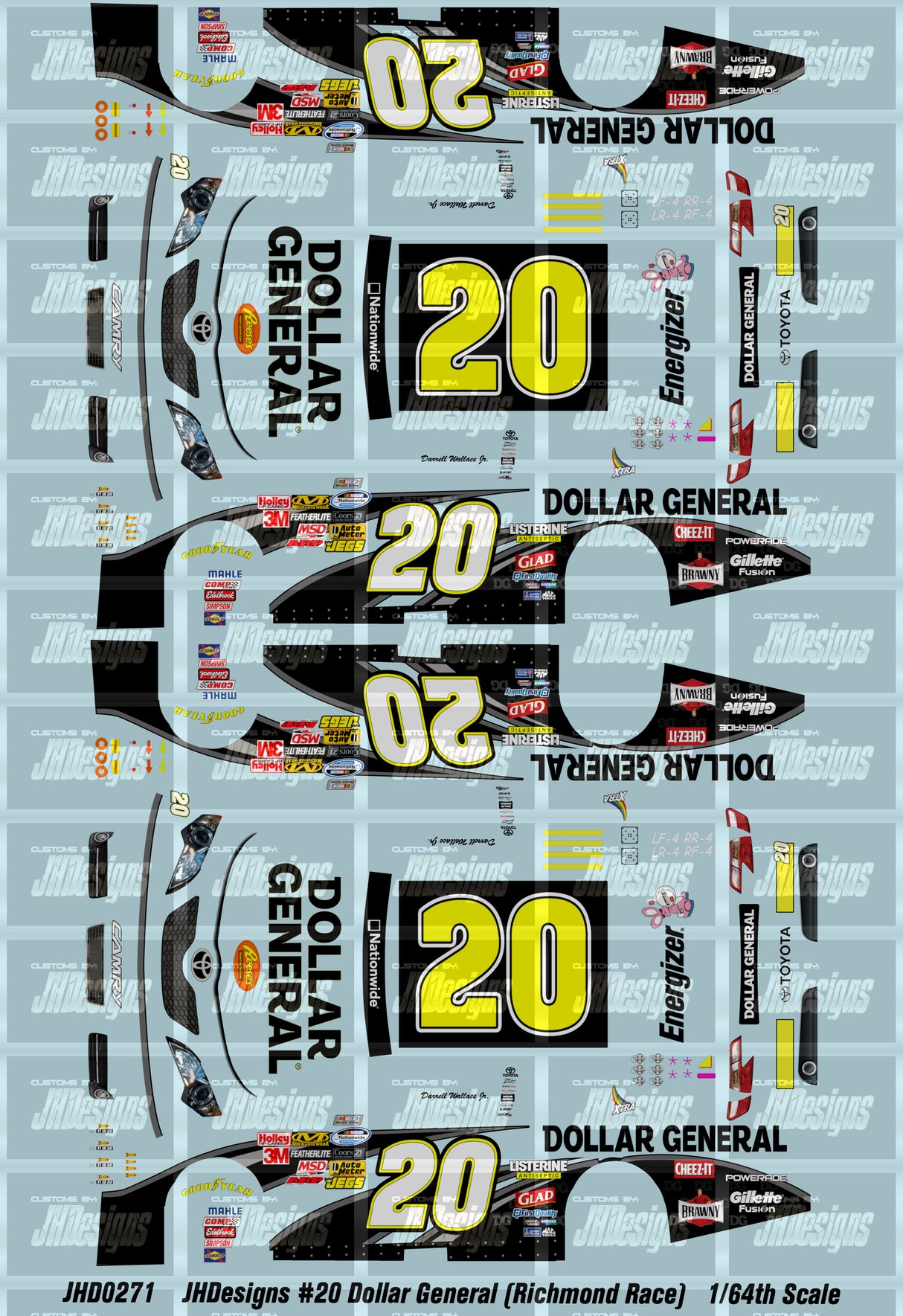 JH Designs Bubba Wallace 2012 NWS #20 Dollar General (Richmond Race) 1:64 Racecar Decal Set