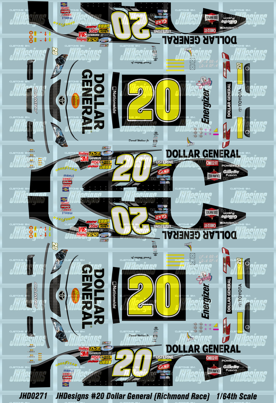 JH Designs Bubba Wallace 2012 NWS #20 Dollar General (Richmond Race) 1:64 Racecar Decal Set