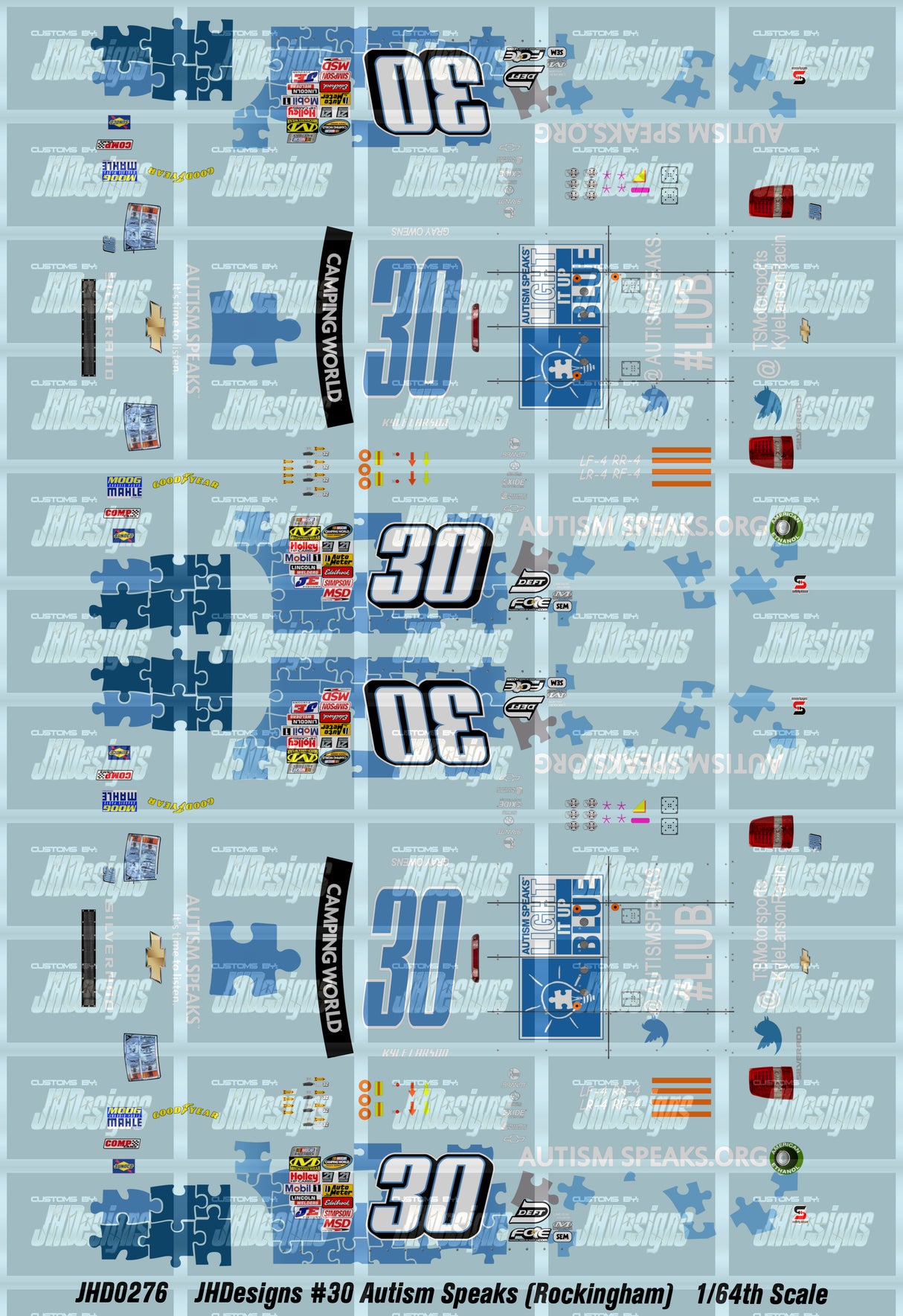 JH Designs Kyle Larson 2013 CWTS #30 Autism Speaks (Rockingham Race Win) 1:64 Racecar Decal Set