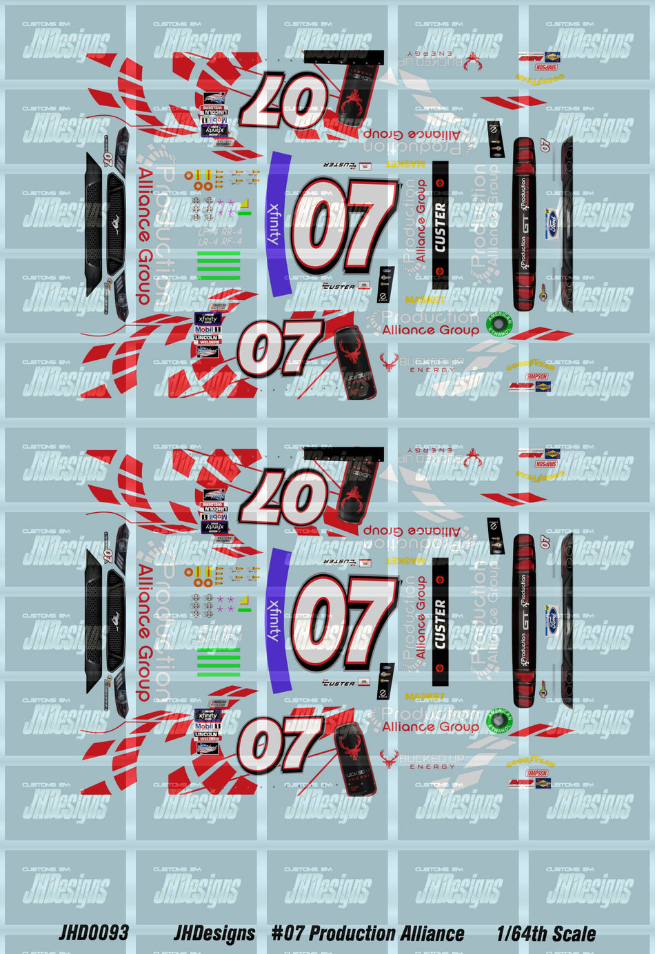 JH Designs Cole Custer 2022 XFINITY #07 Production Alliance Group (California) 1:64 Racecar Decal Set