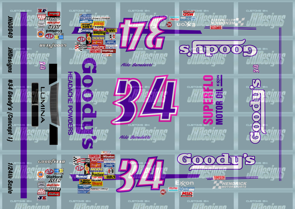 JH Designs Aldo Benedetti 1990 CUP #34 Goody's Headache Powders (Days of Thunder Concept 1) 1:24 Racecar Decal Set