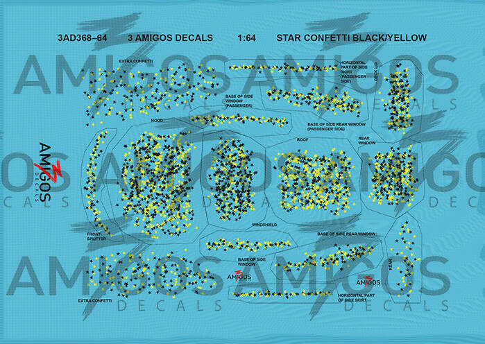 1:64 3 Amigos Decals CONFETTI STAR BLACK AND YELLOW Decal Set 1:64