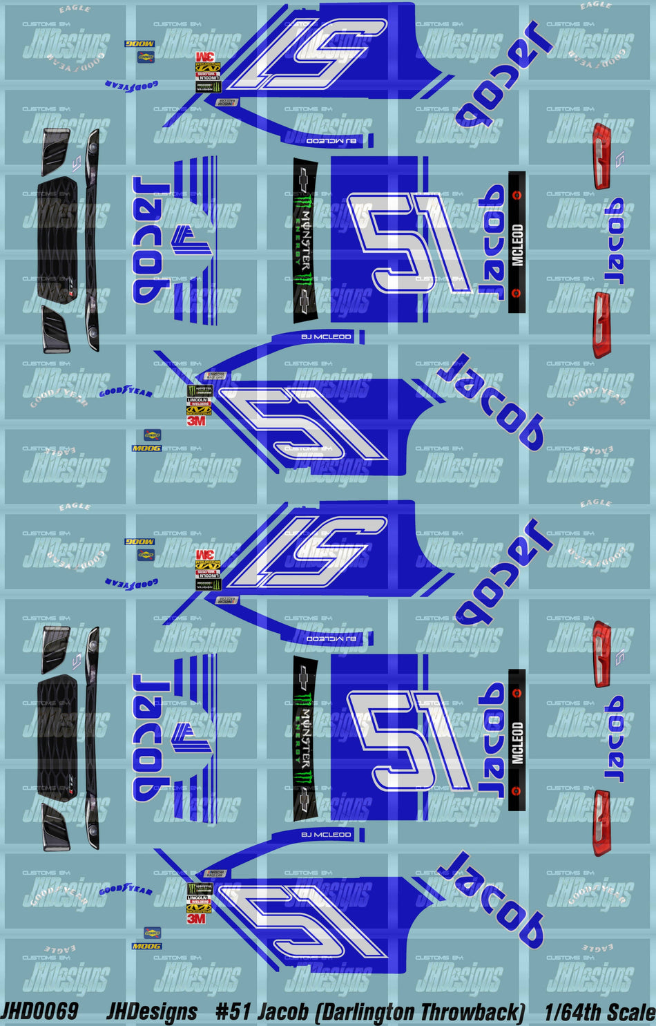 JH Designs BJ McLOED 2018 CUP #51 Jacob Industries (Darlington Throwback) 1:64 Racecar Decal Set