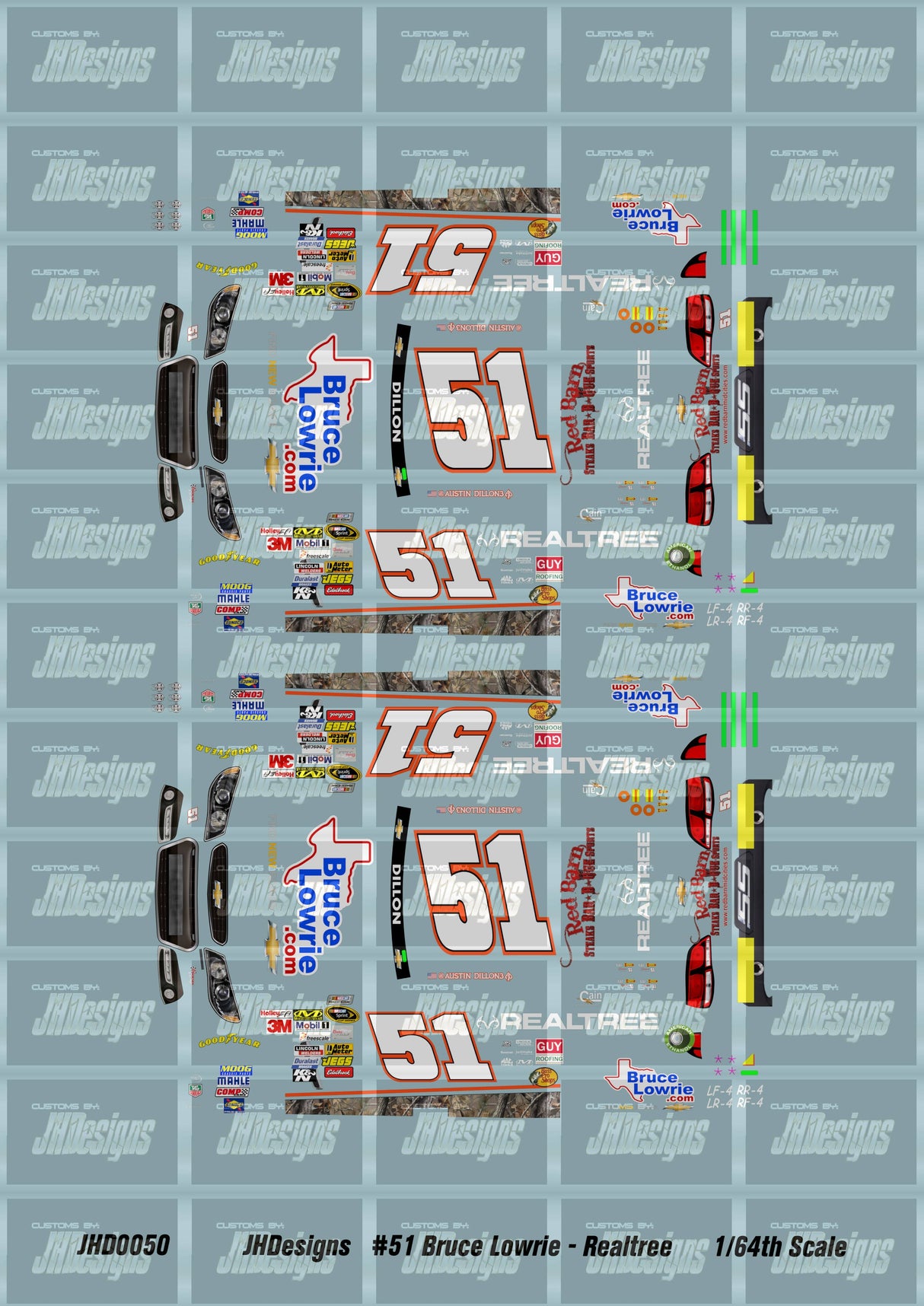 JH Designs Austin Dillon 2013 CUP #51 Bruce Lowrie Chevrolet - Realtree 1:64 Racecar Decal Set