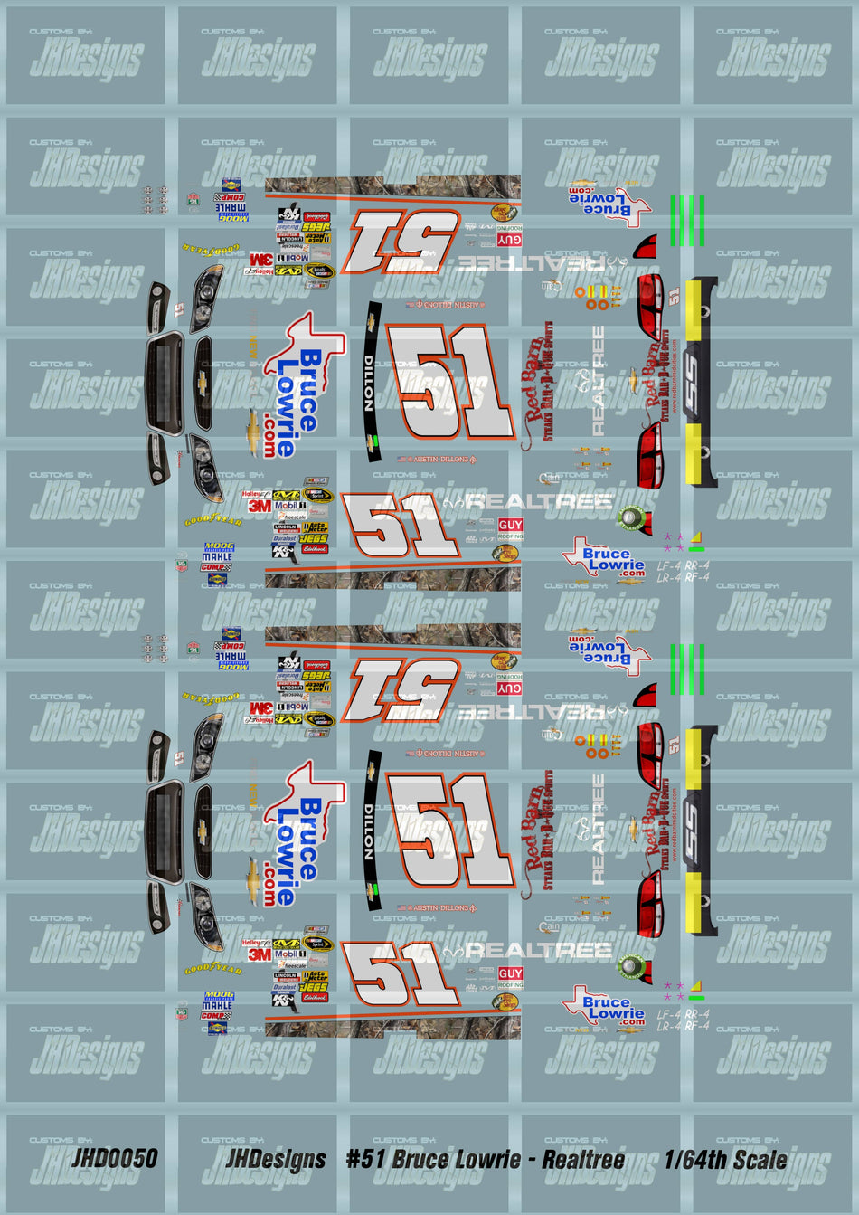 JH Designs Austin Dillon 2013 CUP #51 Bruce Lowrie Chevrolet - Realtree 1:64 Racecar Decal Set